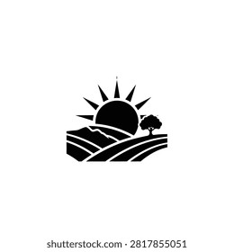 A stylized black and white graphic depicting a bright sun rising over undulating hills, with a single tree on the right side.