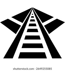 A stylized black and white graphic depicts a set of railway tracks converging towards a vanishing point, creating a strong sense of perspective and depth.