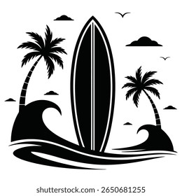 A stylized black and white graphic depicts a surfboard standing tall between two palm trees on islands, with crashing waves and a few clouds and birds in the sky.