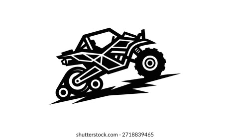 Um gráfico estilizado em preto e branco de um buggy de duna, possivelmente um UTV ou lado a lado, com uma sombra dinâmica sugerindo movimento.
