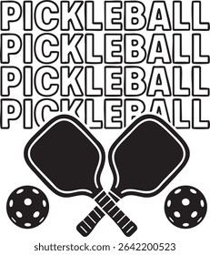 A stylized black and white graphic featuring the word "PICKLEBALL" stacked above crossed paddles and two pickleballs.