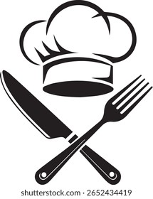 Eine stilisierte Schwarz-Weiß-Grafik mit einem mit Messer und Gabel gekreuzten Kochmütze, die als Symbol für kulinarische Kunst, Kochen und Essen dient.