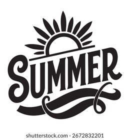 A stylized black and white graphic featuring the word SUMMER in a bold, flowing script font. 