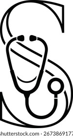 Un gráfico estilizado en blanco y negro con la letra S entrelazada con un estetoscopio, que simboliza la atención médica y las profesiones médicas.
