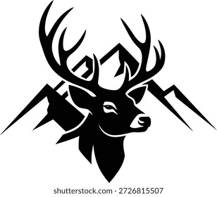 Gráfico estilizado em preto e branco com uma majestosa cabeça de veado com grandes galhadas sobrepostas sobre picos de montanha afiados