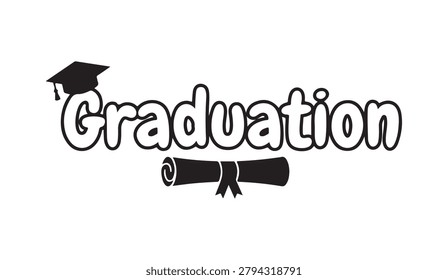 A stylized black and white graphic featuring a graduation cap and diploma with the word Graduation