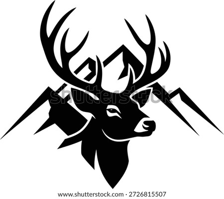 Stylized black and white graphic featuring a majestic deer head with large antlers superimposed over sharp mountain peaks