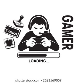 A stylized black and white graphic of a gamer engrossed in a retro video game.