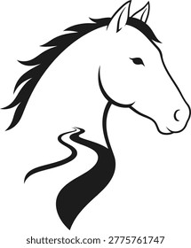 Stylized black and white graphic of a horse's head merging with a winding road, symbolizing freedom, journey, and nature.