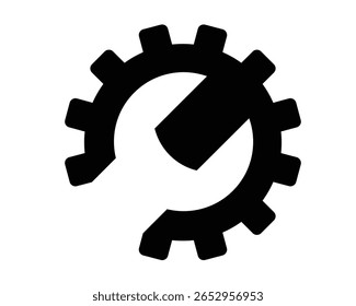 A stylized black and white graphic icon featuring a wrench seamlessly integrated into a cogwheel, symbolizing mechanical repair, engineering, and technical solutions.
