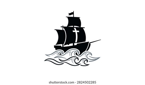 A stylized black and white graphic icon of a sailing ship with a cross symbol on the main sail riding over stylized ocean waves