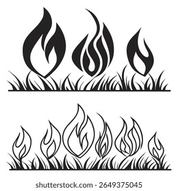 Stylized black and white graphic illustration featuring flames rising from grass in two distinct horizontal arrangements.