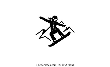 A stylized black and white graphic illustration featuring a snowboarder mid-air performing a jump against a simple mountain range backdrop.