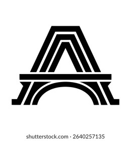A stylized black and white graphic of the letter "A" with a bridge-like structure at the bottom.