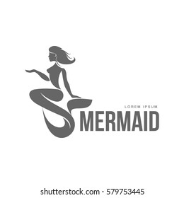 Stylized black and white graphic logo template with long haired mermaid turned profile, vector illustration isolated on white background. Black white stylized swimming mermaid logotype, logo design