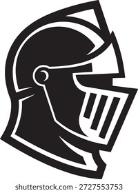 Gráfico estilizado en blanco y negro de un casco de caballero medieval de perfil, mirando a la derecha. Ideal para logotipos, mascotas o emblemas que representan la fuerza, la protección o temas históricos.
