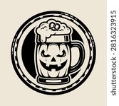A stylized black and white graphic of a pumpkin beer mug for Halloween and Oktoberfest events.