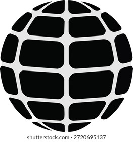 A stylized black and white graphic representation of a globe featuring a distinct network grid
