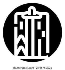 Stylized black and white graphic representation of a retro police call box from a popular science fiction series, designed with minimalist lines on a circular background