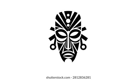 A stylized black and white graphic representation of a tribal or ritualistic mask with symmetrical geometric patterns.