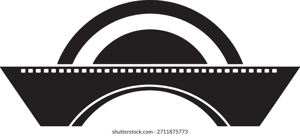 A stylized black and white graphic representing a bridge structure featuring multiple arches and a patterned road surface, suitable for use as an icon or logo element.