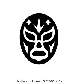 Estilizado gráfico preto e branco representando uma máscara tradicional mexicana luchador wrestling, com linhas afiadas e detalhes de estrelas, perfeito para esportes ou temas culturais.