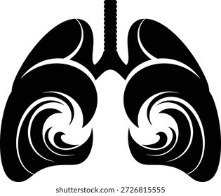 Gráfico estilizado em preto e branco representando pulmões humanos com elementos de arte tribais simbolizando respiração e respiração