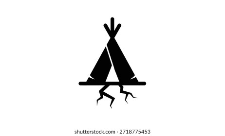 A stylized black and white graphic of a teepee with visible roots extending downwards, representing a connection to the earth and ancestry.