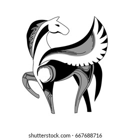 Stylized black, white, and grey Pegasus. Vector illustration.