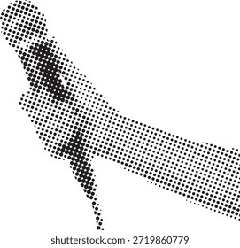 Estilizada Ilustración vectorial de semitono en blanco y negro que representa una mano que sostiene un micrófono dinámico clásico en un elemento de diseño abstracto.
