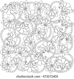 Stylized black and white hand drawn  flower pattern, anti stress, vector illustration