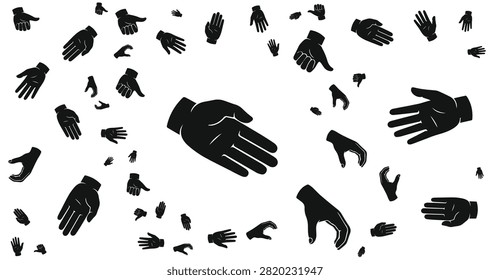 Stylized black and white hands and shapes forming a dynamic composition symbolizing connection communication and diversity in human interactions