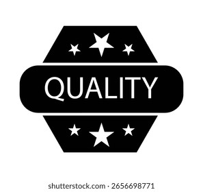 A stylized black and white hexagonal badge with the word "QUALITY" prominently displayed in the center, surrounded by stars.