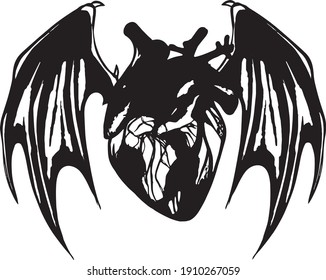 Stylized black and white human heart with devil wings