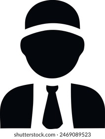 Stylized black and white icon of a businessman in suit, wearing tie.