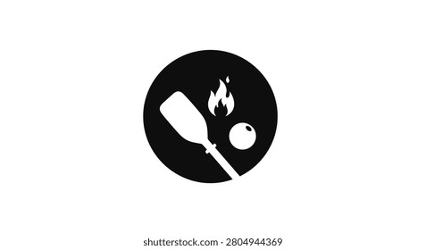 A stylized black and white icon depicts a bottle with a flame and a small sphere, resembling a Molotov cocktail, within a dark circular frame, symbolizing danger or incendiary material