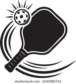 A stylized black and white icon featuring a pickleball paddle, ball with radiating lines, and curved motion trails.