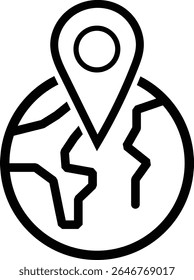 A stylized black and white icon featuring a simplified globe with continents outlined and a prominent map pin marker centered on its surface, symbolizing global positioning.