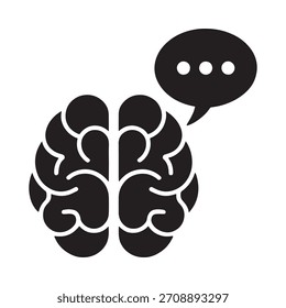 A stylized black and white icon of a human brain with a speech bubble above it, symbolizing thinking or speaking.