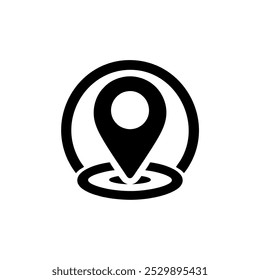 Um ícone preto e branco estilizado que representa um pino de localização em um mapa, circundado por um anel, indicando um ponto geográfico ou destino específico