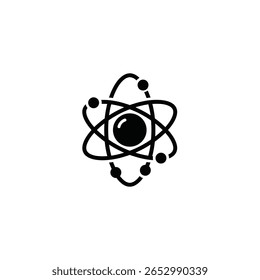 Un icono estilizado en blanco y negro que representa un átomo con un núcleo central y electrones en órbita. Este símbolo se usa comúnmente en contextos de ciencia y tecnología.