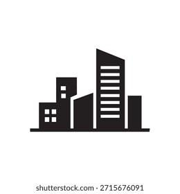 Icono estilizado en blanco y negro que representa un paisaje urbano moderno.