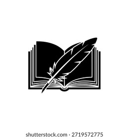 Un icono estilizado en blanco y negro que representa un libro abierto con un bolígrafo de pluma descansando en sus páginas, simbolizando la escritura, la literatura o la educación.