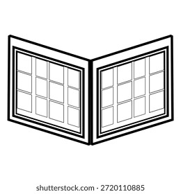 Ícone preto-e-branco estilizado que representa uma estrutura de janela de vários painéis dobrados, perfeita para conceitos de design que envolvem a renovação da arquitetura ou exteriores de edifícios.