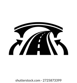 Stylized black and white icon of a road leading under a bridge with directional arrows.