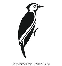 Stylized black and white icon of a woodpecker perching on a branch
