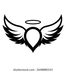 Ilustração estilizada em preto e branco de asas de anjo com um halo acima de uma forma de lágrima ou pino, representando a orientação divina, proteção ou um local sagrado.