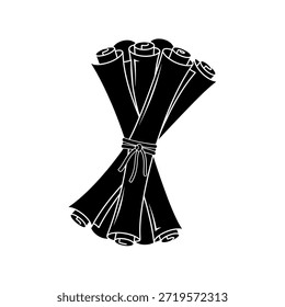 Una ilustración estilizada en blanco y negro de un Paquete de palos de canela, atados juntos con un trozo de cordel. Los palos se enrollan y parecen estar enteros.