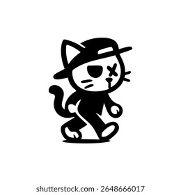 A stylized black and white illustration of a cartoon cat wearing a cap, walking.  The cat has a single eye and a wound,  and has a simple, bold line style