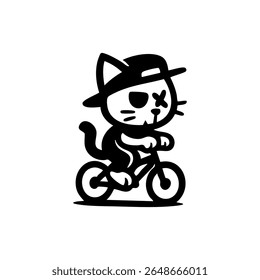 A stylized black and white illustration of a cat wearing a hat and riding a bicycle